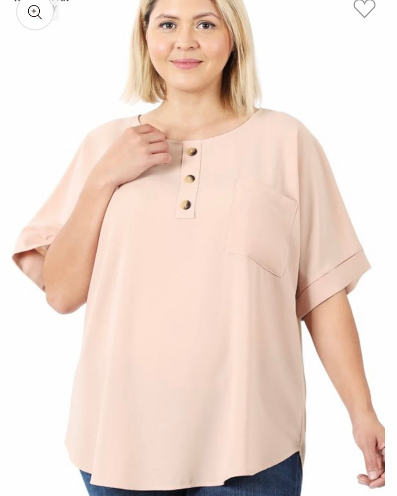 Plus Size Blush Neutral Button Front Sleeve Top