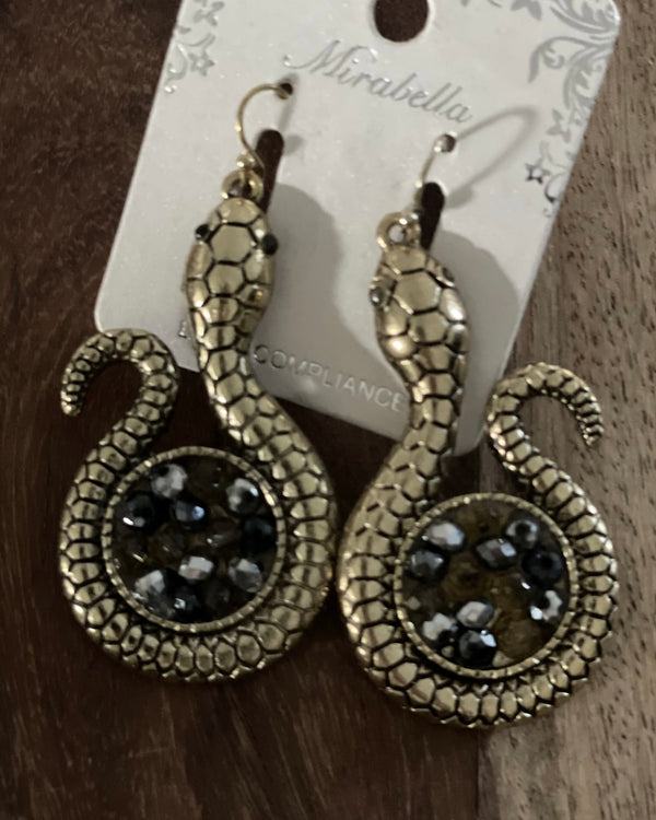 Gold Snake Blue Black Stone Earrings