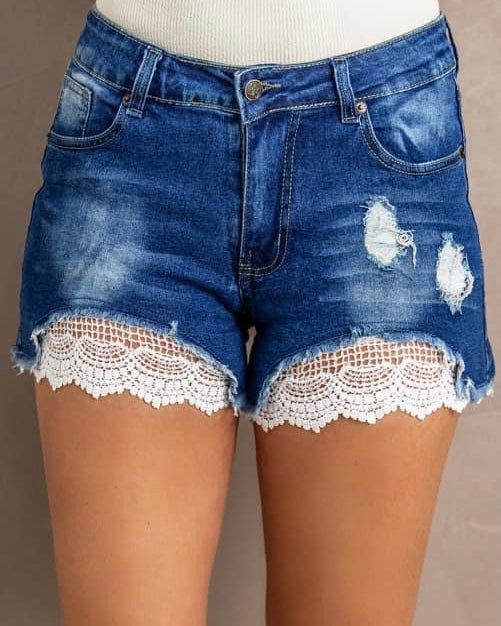 Medium/Dark Wash Lace Inset Denim Jean Shorts