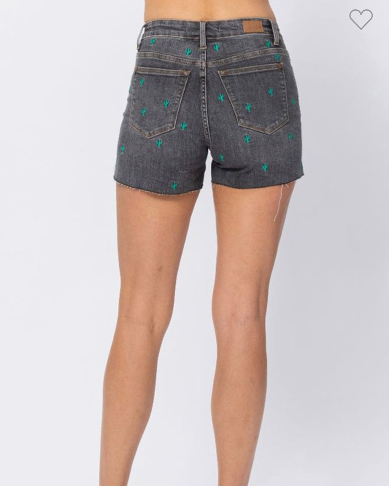 Judy Blue High Waist Cactus Embroidery Stitched Frayed Denim Jean Shorts