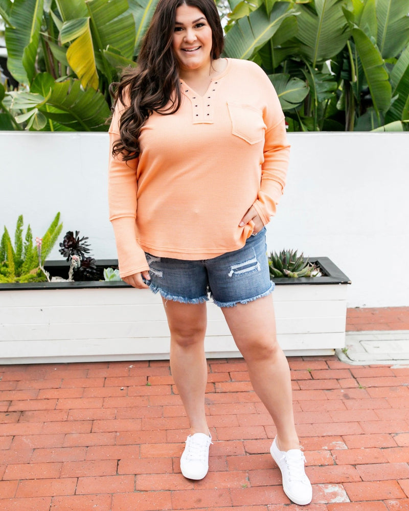 Plus Size Apricot Orange Sherbet Grommet Pullover Top