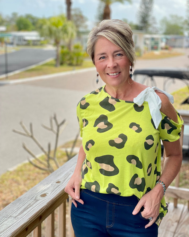 Lime Green Leopard Shoulder Tie Tshirt Top
