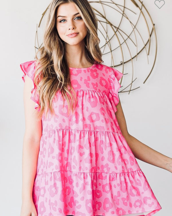 Hot Pink on Pink Leopard Tiered Ruffle Cap Sleeve Babydoll Top
