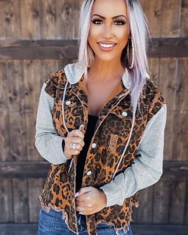 Brown and Black Leopard Light Denim Distressed Jacket