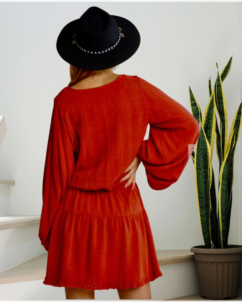 Red Linen Blend Elastic Waist Tier Slight Rounded Neckline Balloon Sleeve Dress