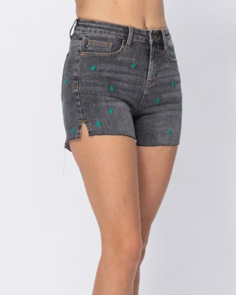 Judy Blue High Waist Cactus Embroidery Stitched Frayed Denim Jean Shorts