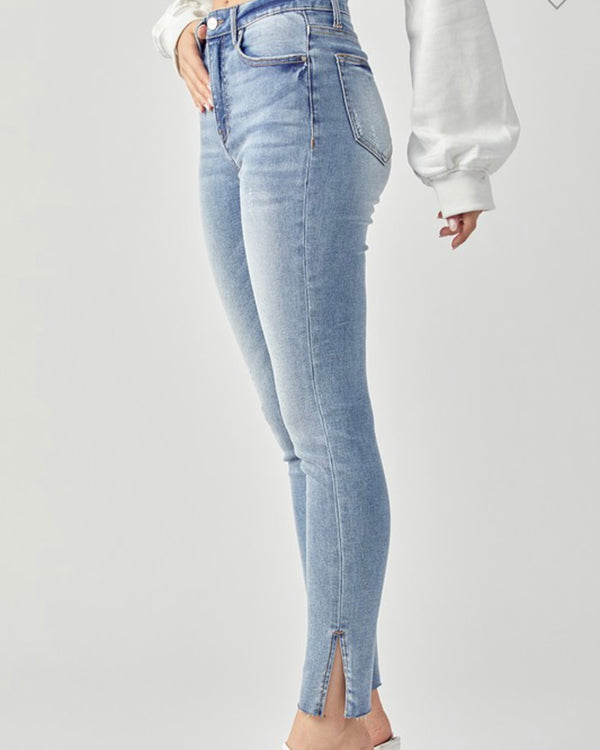 Risen 219 Fade Out Skinny Side Slit Raw Hem Denim Jeans