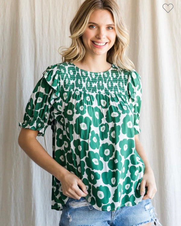 Green and White Poppy Floral Ruffle Shoulder Top