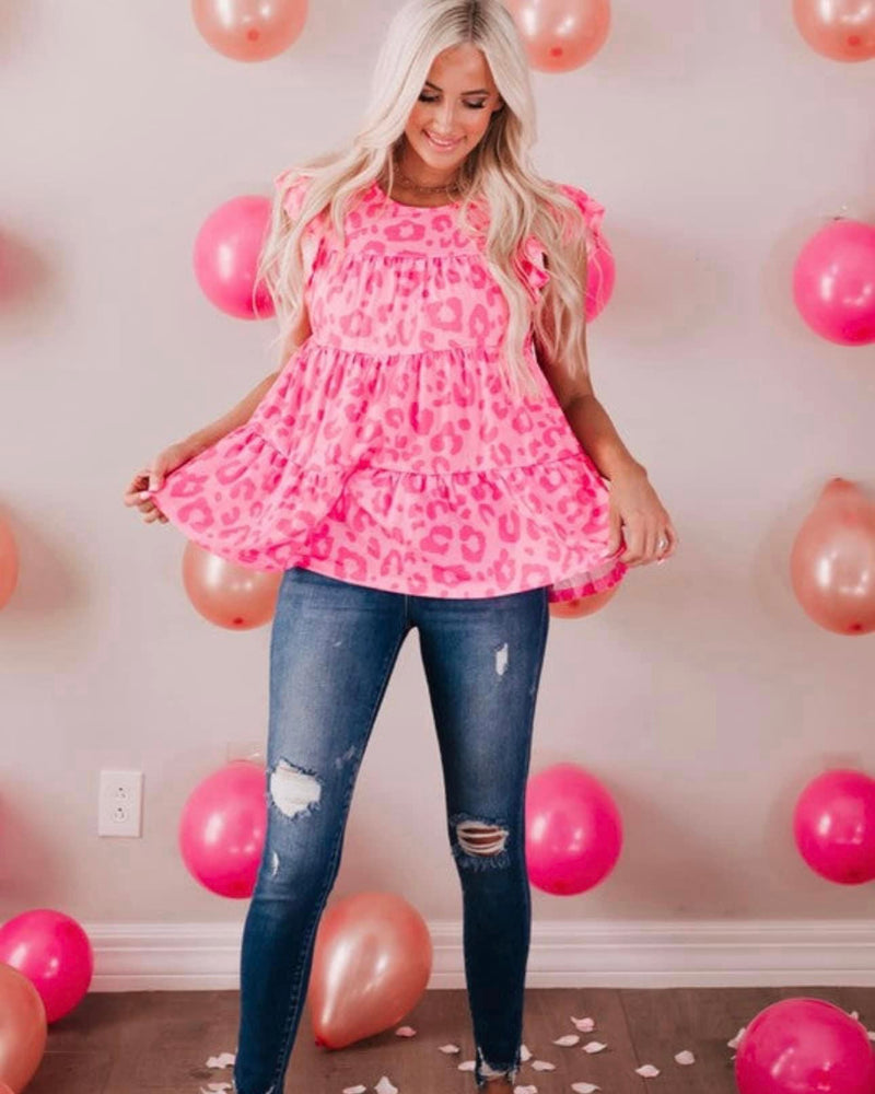 Hot Pink on Pink Leopard Tiered Ruffle Cap Sleeve Babydoll Top