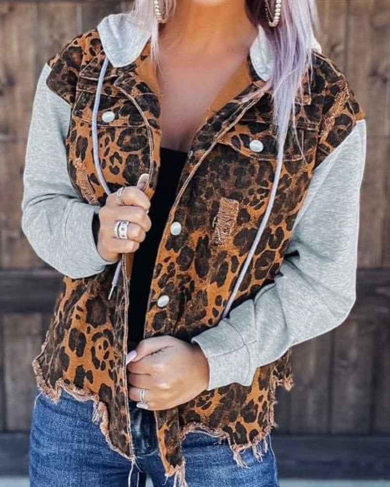 Brown and Black Leopard Light Denim Distressed Jacket