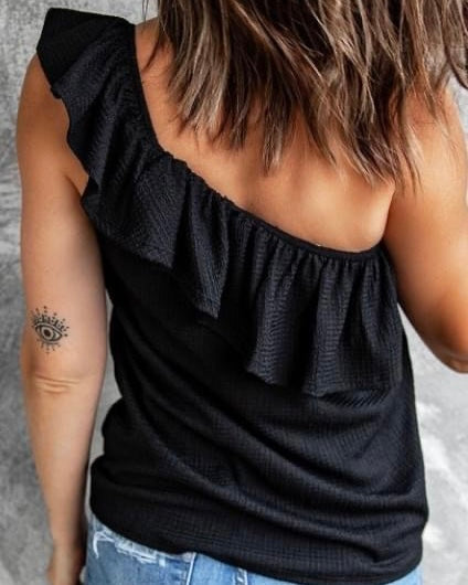 Black Sleeveless One Shoulder Ruffle Top