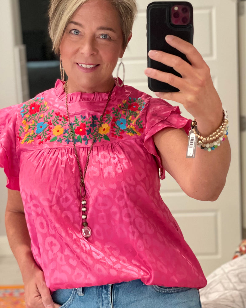 Gorgeous Bright Pink Satin Embroidery Top
