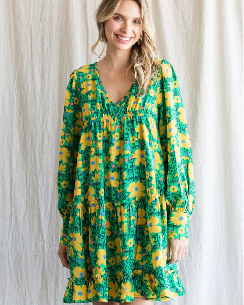 Green and Yellow Large Floral Print Empire Waist Dress