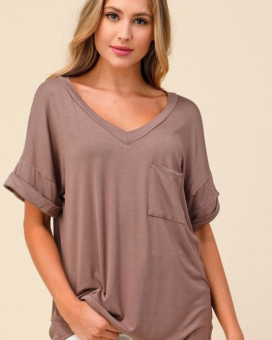 Plus Size Front Pocket VNeck Stretchy Tshirt Top Mocha Brown, Black, Cream Oatmeal & Purple