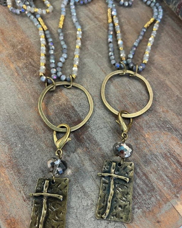 Long Beaded Style Necklace Metal Cross Pendant