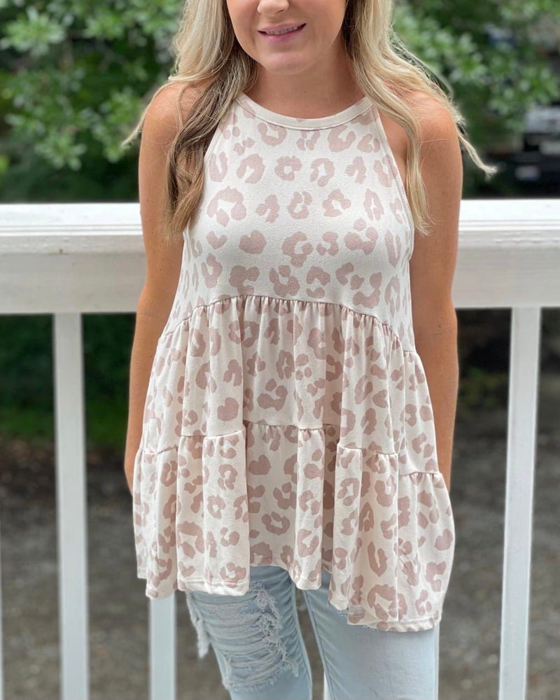 Plus Size Cream and Tan Leopard Tiered Tank Top