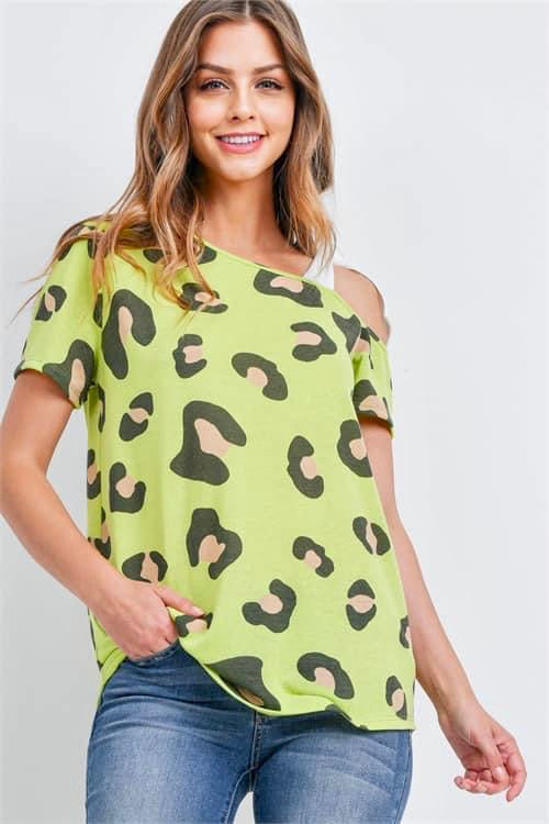 Lime Green Leopard Shoulder Tie Tshirt Top