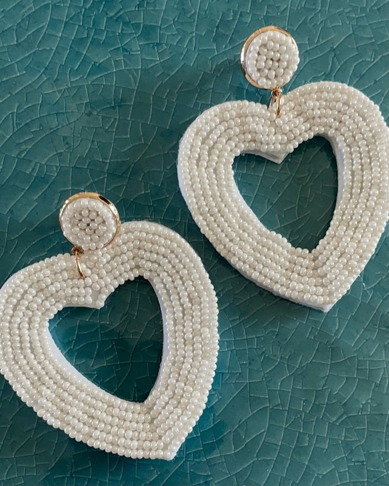 Beaded Hearts - White - Earrings